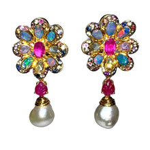 Load image into Gallery viewer, Australian Opal, South Sea Pearl, Ruby & Multicolor Sapphire Earrings & Ring Set
