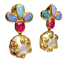 Load image into Gallery viewer, Australian Opal, Baroque Pearl, Ruby & Multicolor Sapphire Earrings