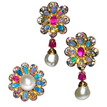 Load image into Gallery viewer, Australian Opal, South Sea Pearl, Ruby & Multicolor Sapphire Earrings & Ring Set