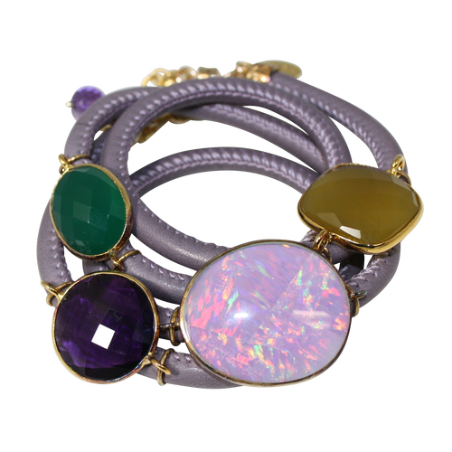 Lavender Grey Italian Wrap Leather Bracelet With Opal, Chalcedony, Green Onyx, & Amethyst Quartz - DIDAJ