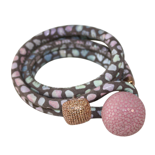 Pink, Blue & Grey Mosaic Italian Wrap Leather Bracelet With CZ Slider & Pink Stingray Sphere - DIDAJ