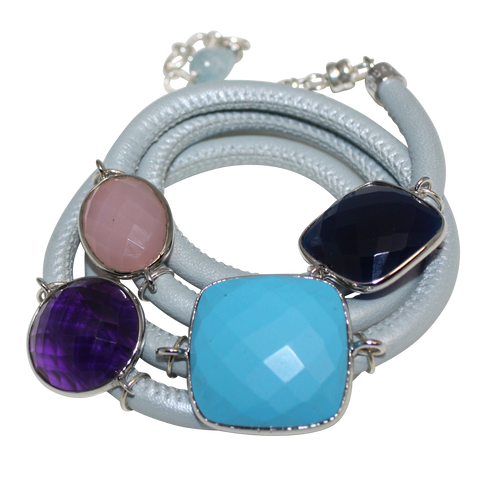 Sky Blue Italian Wrap Leather Bracelet With Turquoise, Blue Onyx, Pink Chalcedony & Amethyst Quartz - DIDAJ