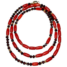 Load image into Gallery viewer, Rhodolite Garnet and Coral Morse Code Necklace
