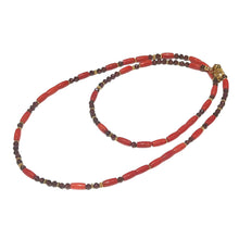 Load image into Gallery viewer, Rhodolite Garnet and Coral Morse Code Necklace