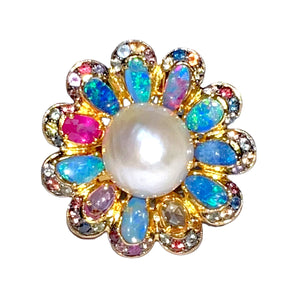 Australian Opal, South Sea Pearl, Ruby & Multicolor Sapphire Earrings & Ring Set