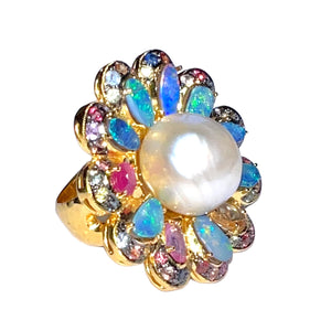 Australian Opal, South Sea Pearl, Ruby & Multicolor Sapphire Earrings & Ring Set