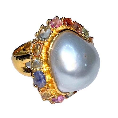 Freeform South Sea Pearl & Multicolor Sapphire Ring