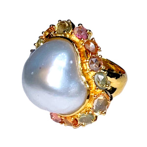 Freeform South Sea Pearl & Multicolor Sapphire Ring