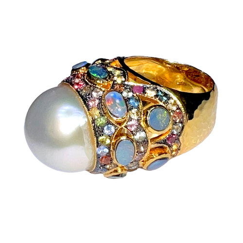 Australian Opal, South Sea Pearl & Multicolor Sapphire Ring