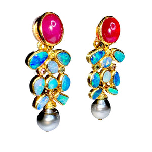 Australian Opal, Tahitian Pearl, Ruby & Multicolor Sapphire Earrings