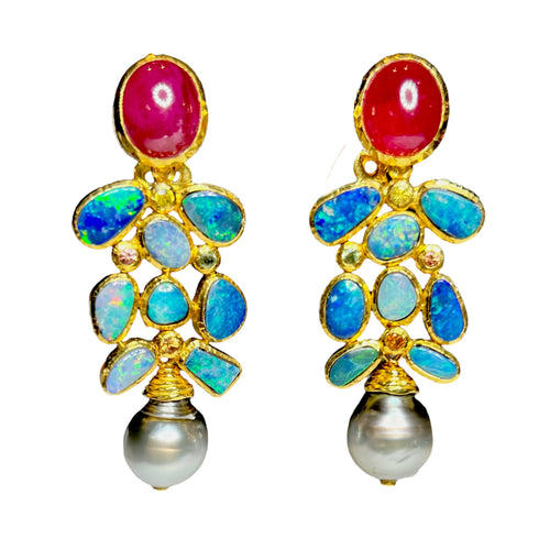 Australian Opal, Tahitian Pearl, Ruby & Multicolor Sapphire Earrings