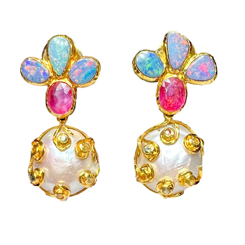 Australian Opal, Baroque Pearl, Ruby & Multicolor Sapphire Earrings