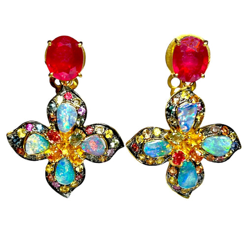 Australian Opal, Ruby & Multicolor Sapphire Earrings