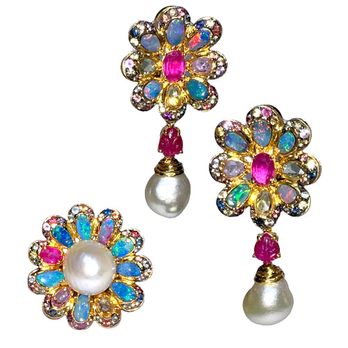 Australian Opal, South Sea Pearl, Ruby & Multicolor Sapphire Earrings & Ring Set