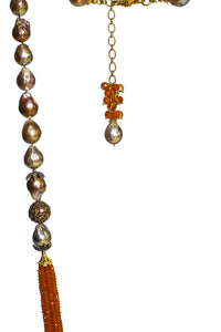 Long Multi-Strand Carnelian Necklace with Baroque Pearl, Citrine and Multi-Color Sapphire Accents - DIDAJ