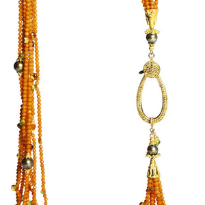 Long Multi-Strand Faceted Coral Necklace with Citrine, Peridot, Carnelian and Pearl Accents - DIDAJ