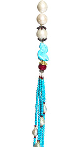Long Multi-Strand Faceted Turquoise Necklace with Akoya Pearl, Ruby and Diamonds Accents - DIDAJ