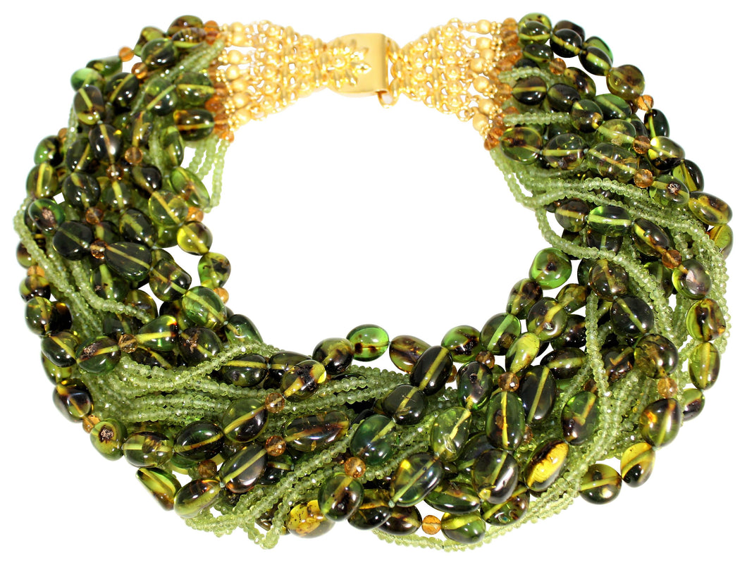 Multi-Strand Faceted Peridot, Citrine & Olive Green Columbian Amber Necklace