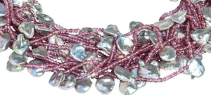 Multi-Strand Faceted Pink Topaz and Natural Silver Keshi Pearls Necklace - DIDAJ