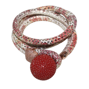 Gold & Coral Snake Italian Wrap Leather Bracelet With CZ Slider & Coral Stingray Sphere - DIDAJ