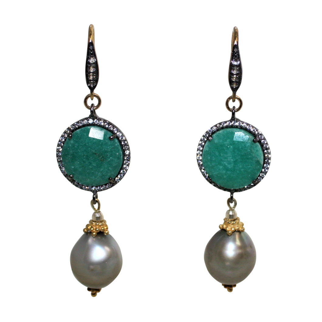 Faceted Emerald & Tahitian Grey Baroque Pearl Earrings - DIDAJ