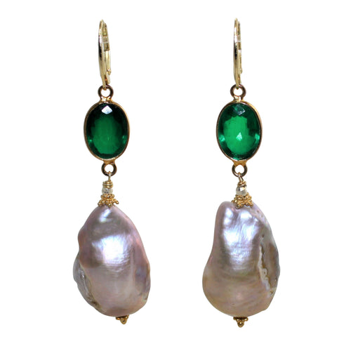 Faceted Green Doublet & Natural Baroque Pearl Earrings - DIDAJ