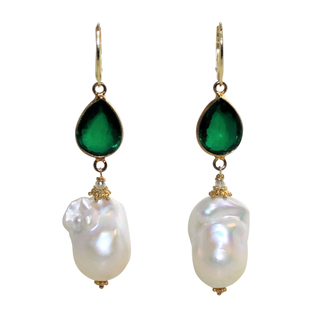 Faceted Green Doublet & White Baroque Pearl Earrings - DIDAJ