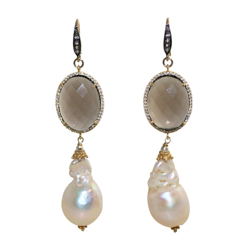 Faceted Smoky Quartz & Soft Gold Baroque Pearl Earrings - DIDAJ