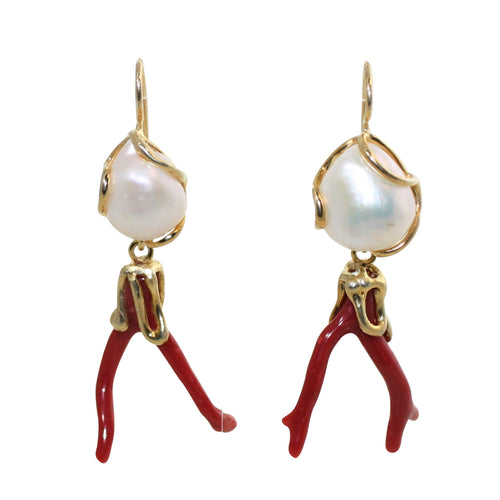 Italian Branch Coral & Baroque Pearl Earrings - DIDAJ