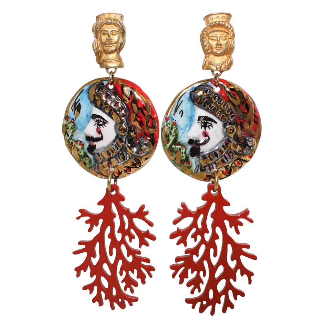Sicilian “TESTE DI MORO” & Buffalo Horn Coral Style Lacquered Earrings - DIDAJ