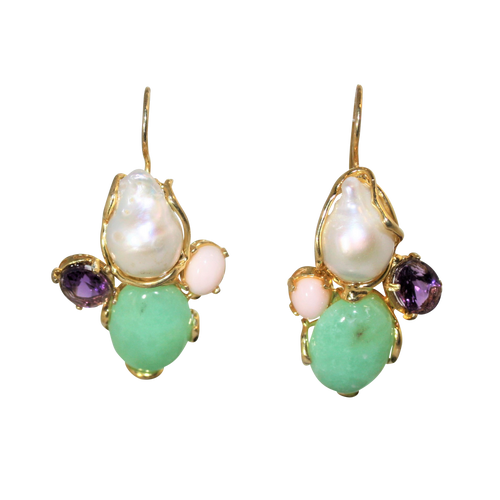 Italian Coral, Amethyst, Chrysoprase & Baroque Pearl Statment Earrings - DIDAJ