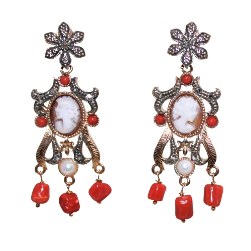 Italian Coral, Pearl & Cameo Earrings - DIDAJ