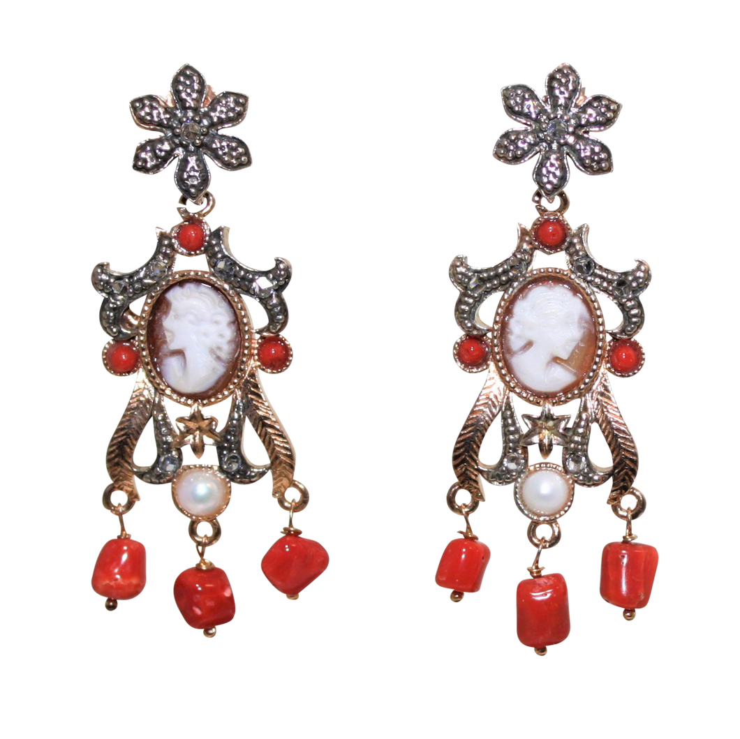 Italian Coral, Pearl & Cameo Earrings - DIDAJ