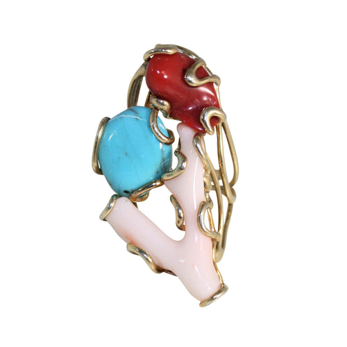 Italian Coral, Turquoise & Baroque Pearl Statement Ring
