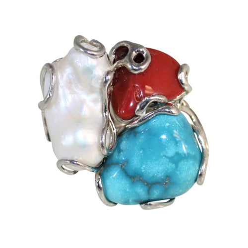 Italian Coral, Turquoise & Baroque Pearl Ring