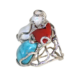 Italian Coral, Turquoise & Baroque Pearl Ring