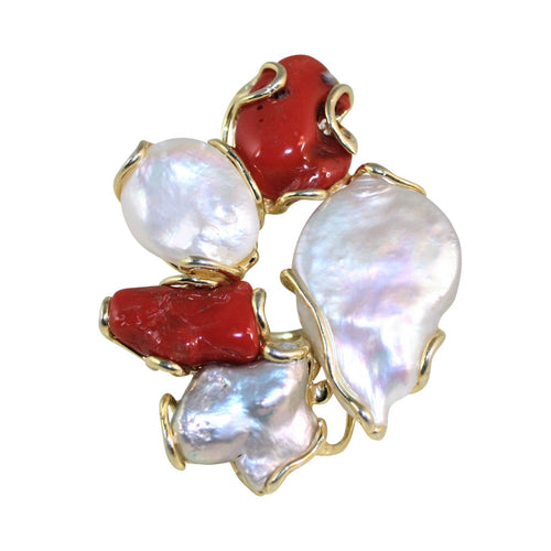 Italian Coral & Baroque Pearl Huge Statement Ring