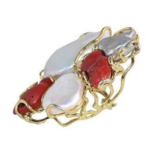 Italian Coral & Baroque Pearl Huge Statement Ring