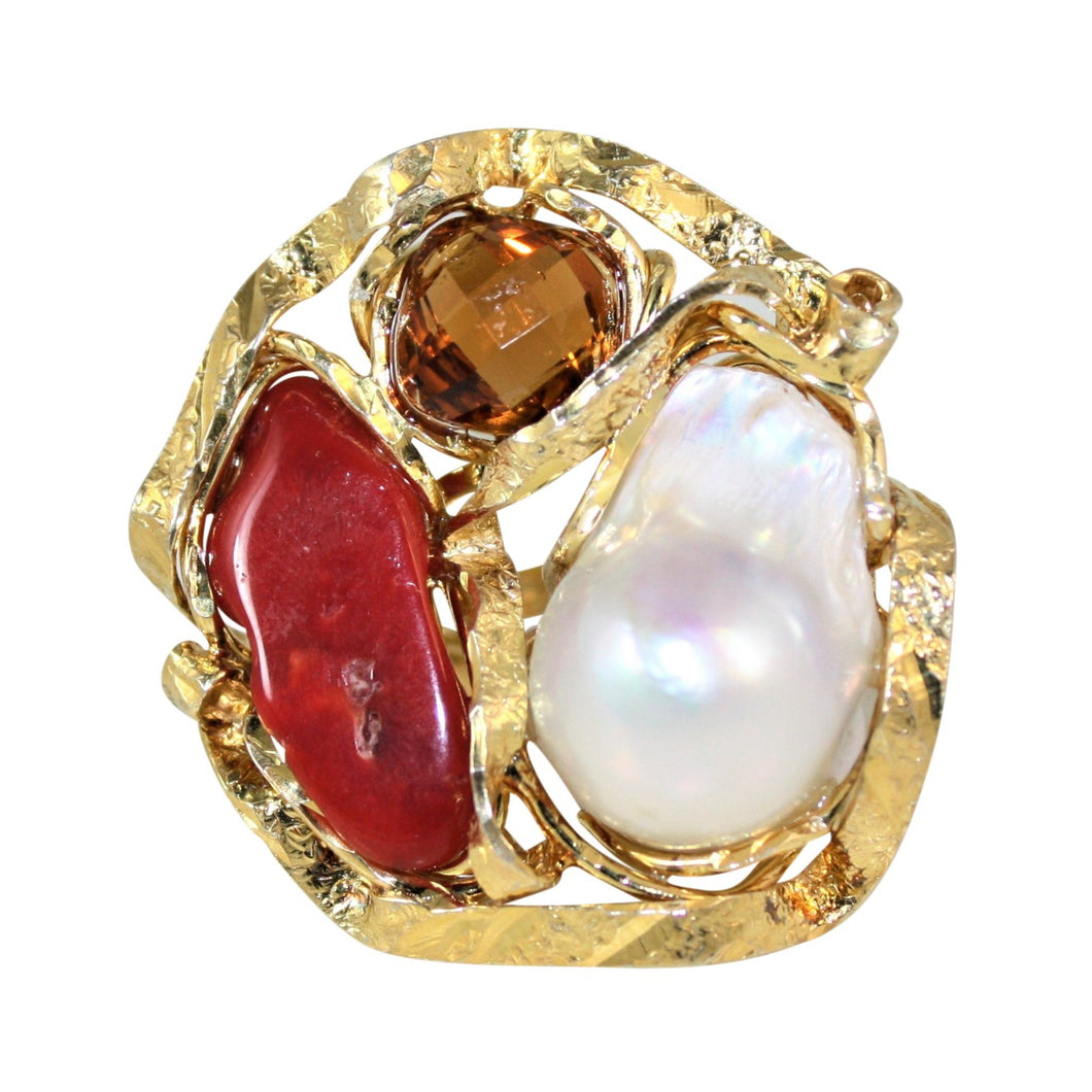 Coral, Citrine & Baroque Pearl Ring