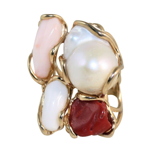 Italian 3 Color Coral & Baroque Pearl Statement Ring