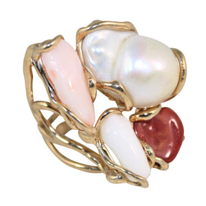 Italian 3 Color Coral & Baroque Pearl Statement Ring
