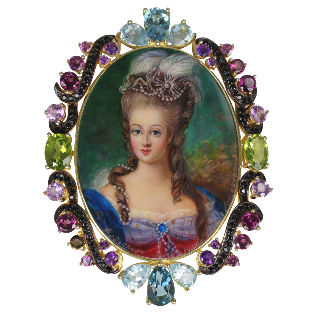 Marie Antoinette Russian Hand Painted FEDOSKINO MOP Brooch or Pendant - DIDAJ