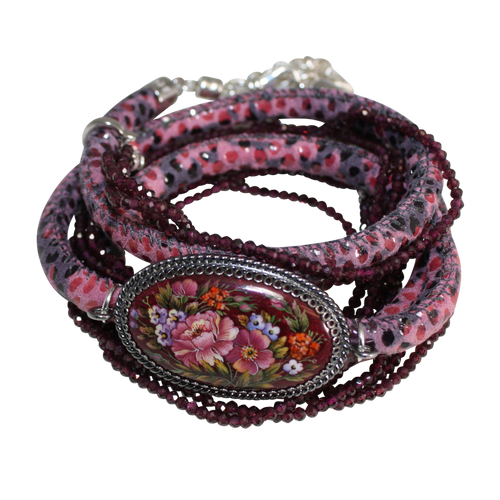 Italian Wrap Leather Bracelet With Russian Finift & Rhodolite Garnet - DIDAJ