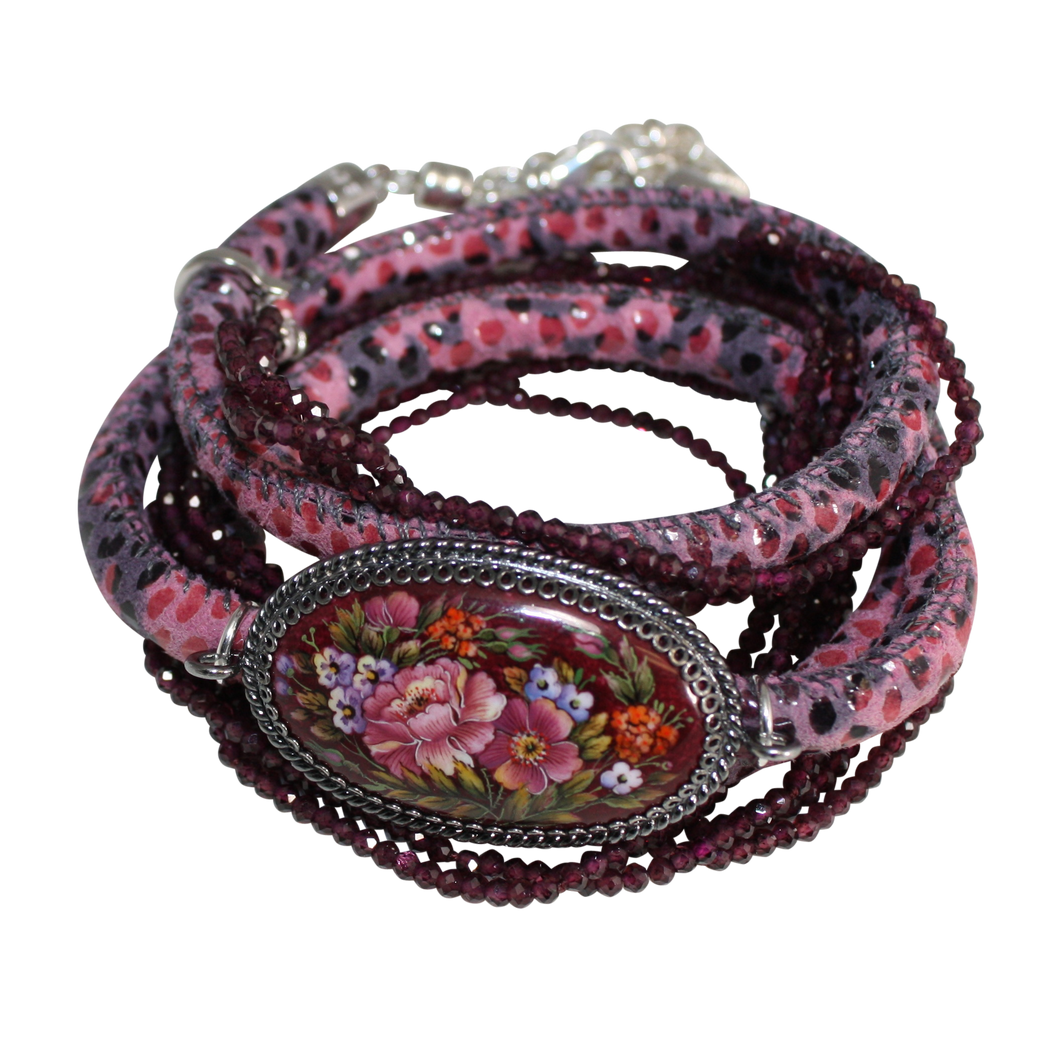 Italian Wrap Leather Bracelet With Russian Finift & Rhodolite Garnet - DIDAJ