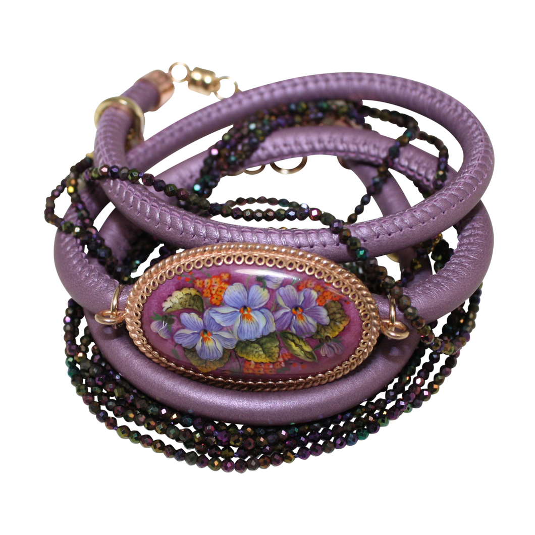 Italian Wrap Leather Bracelet With Russian Finift & Mystic Lavender Spinel - DIDAJ