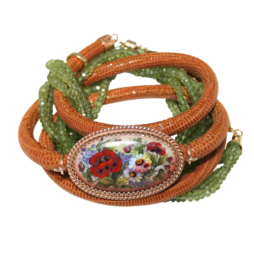 Italian Wrap Leather Bracelet With Russian Finift & Peridot - DIDAJ