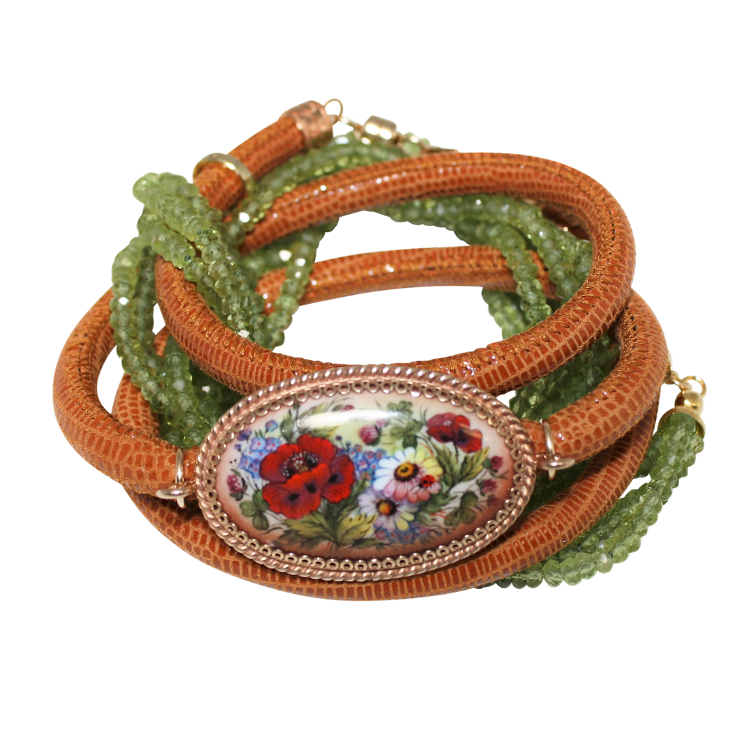 Italian Wrap Leather Bracelet With Russian Finift & Peridot - DIDAJ