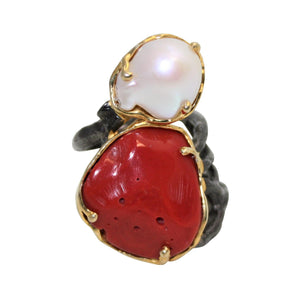 Italian Coral & Baroque Pearl Statement Ring - DIDAJ