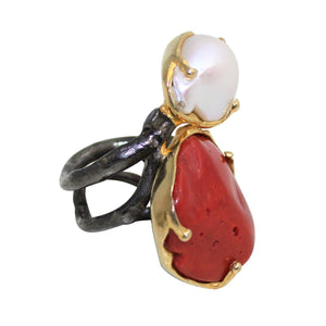 Italian Coral & Baroque Pearl Statement Ring - DIDAJ