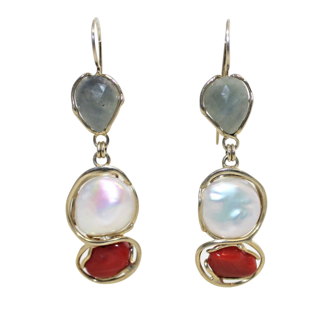 Italian Coral, Sapphire & Baroque Pearl Earrings - DIDAJ